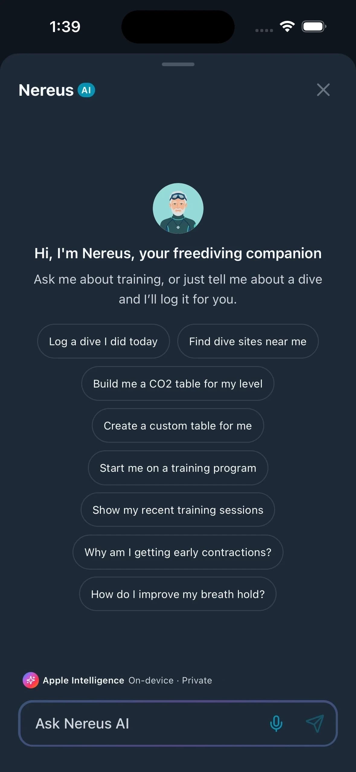 Nereus AI Freediving Coach answering questions and building tables