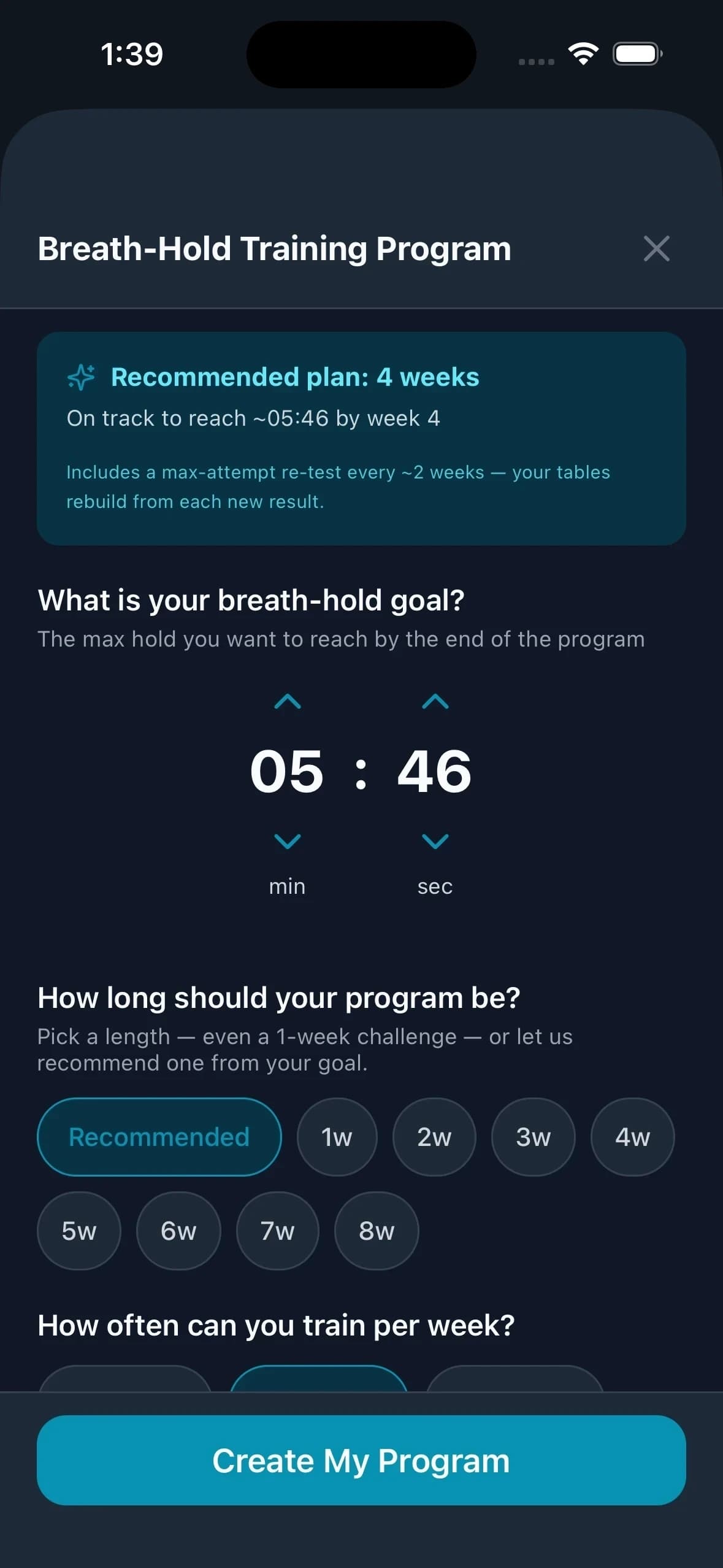 Personalized freediving training program multi-week calendar and target tables